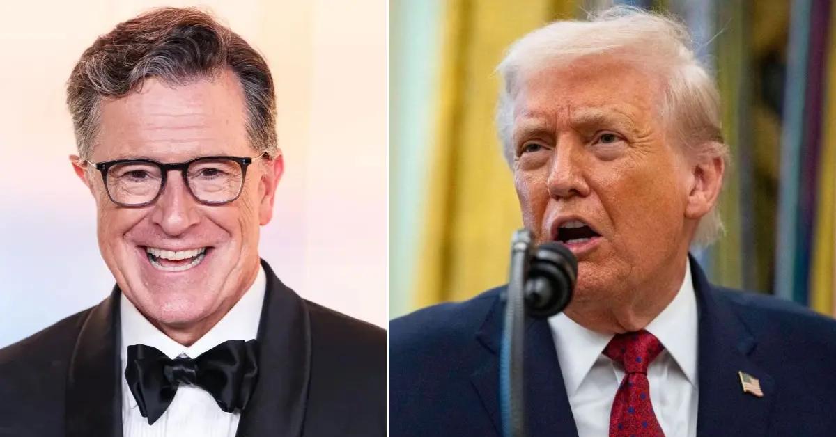 Split photo of Stephen Colbert and Donald Trump.