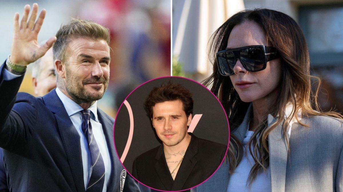 Composite photo of David Beckham, Victoria Beckham and Brooklyn Beckham.
