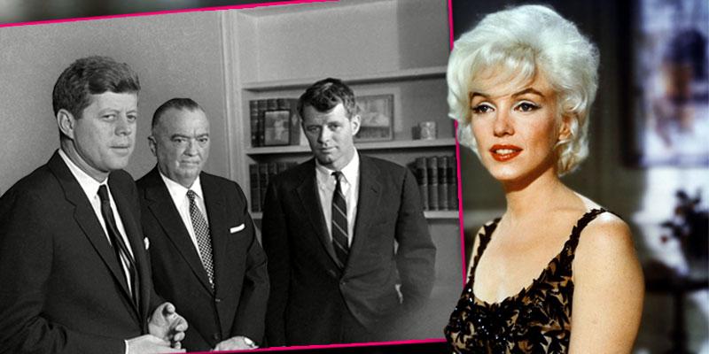 Black and White Photo Inset Of JFK, J Edgar Hoover and RFK, Color Photo Of Marilyn Monroe Wearing Black Evening Gown Black