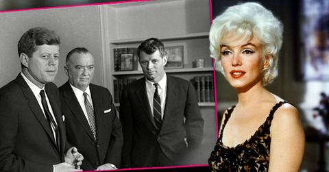 Black and White Photo Inset Of JFK, J Edgar Hoover and RFK, Color Photo Of Marilyn Monroe Wearing Black Evening Gown Black