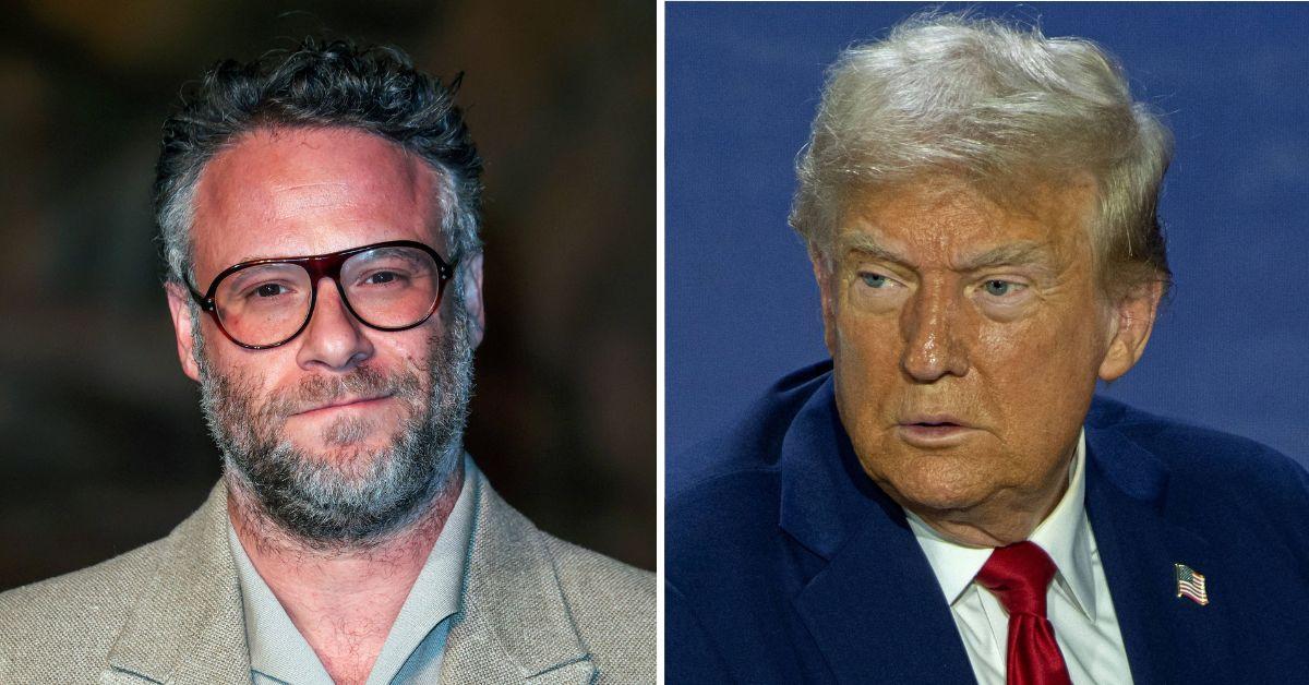 Composite photo of Seth Rogen and Donald Trump