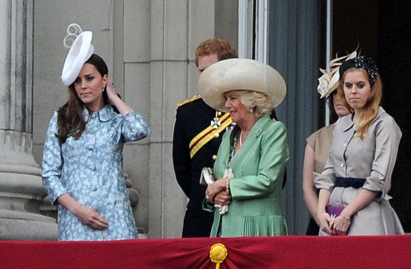 Catherine Duchess of Cambridge fashions an ivory &#8216;Lock &amp; Co&#8217; hat and a stylish &#8220;Astrid&#8221; Catherine Walker floral dress at the Queen&#8217;s birthday celebrations, UK