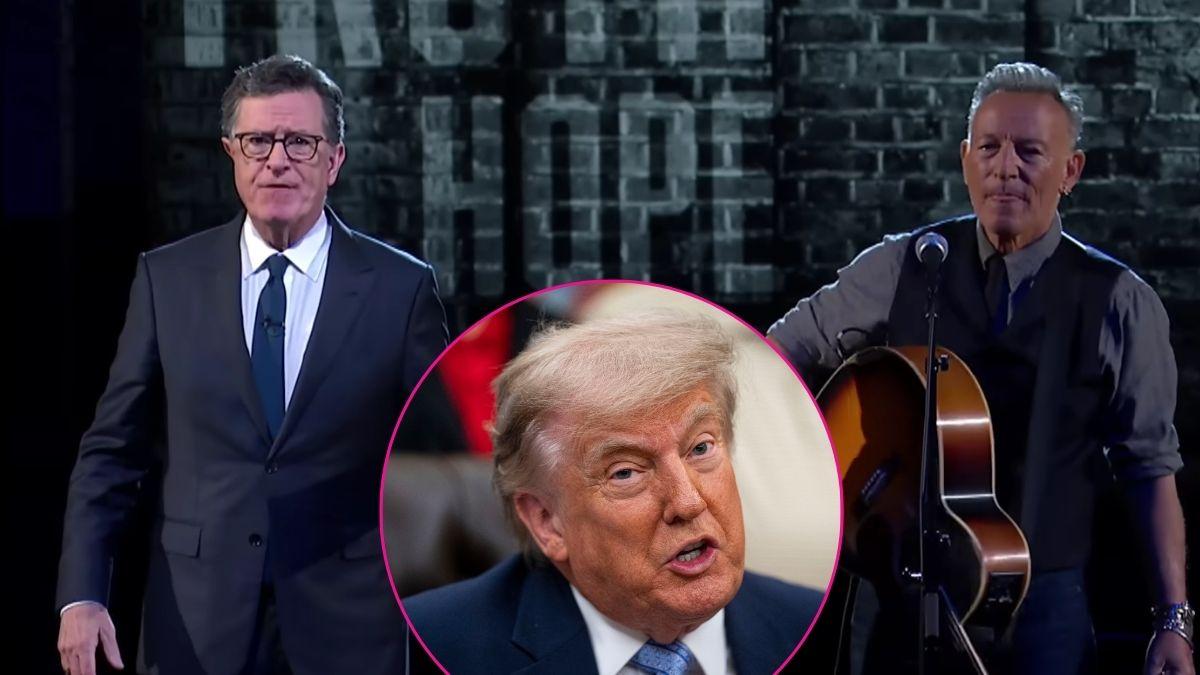 Photo of Stephen Colbert, Bruce Springsteen with Donald Trump inset