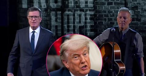 Photo of Stephen Colbert, Bruce Springsteen with Donald Trump inset