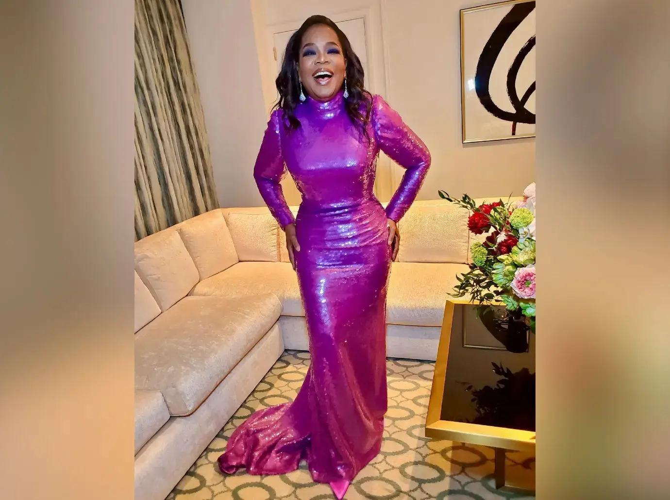 oprah winfrey slim figure sequined purple gown