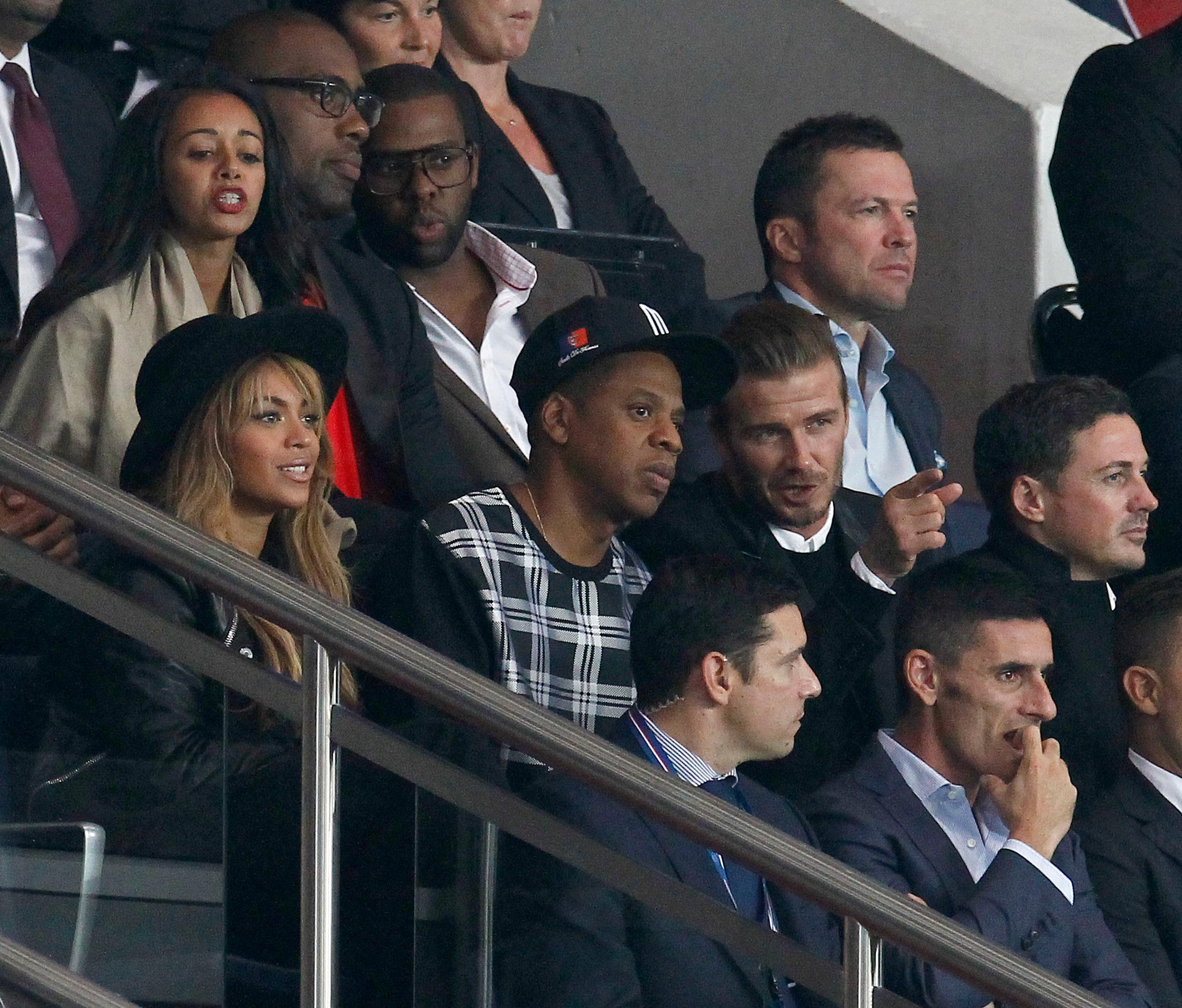 Beyonce and Jay Z and attend the PSG Barcelona (3 2) football match