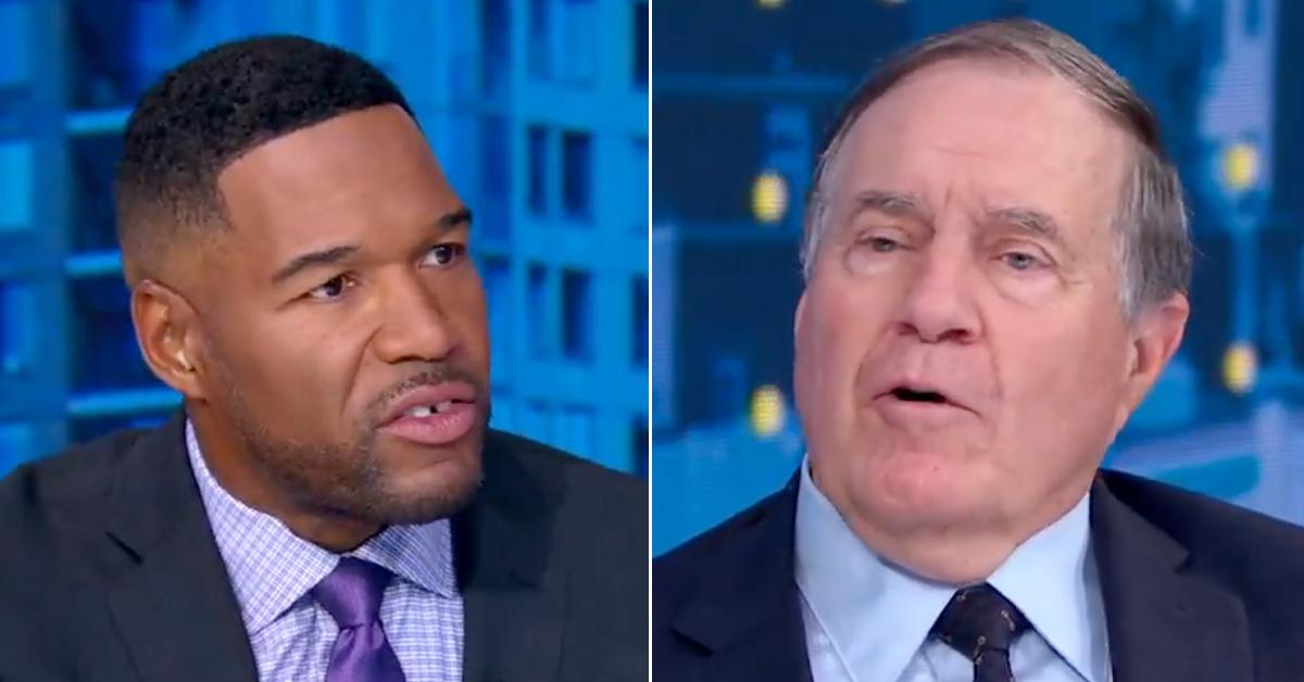 Photo of Michael Strahan; picture of Bill Belichick.