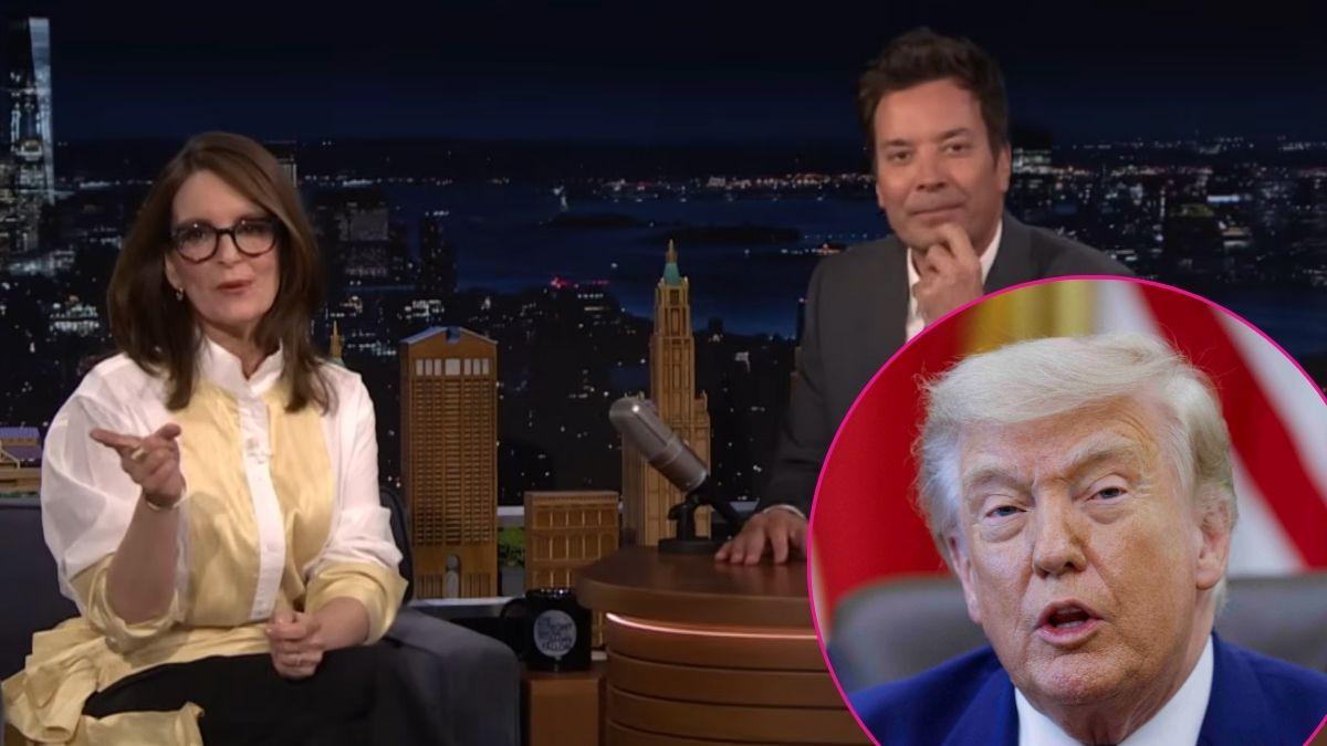Composite photo of Tina Fey, Jimmy Fallon and Donald Trump.