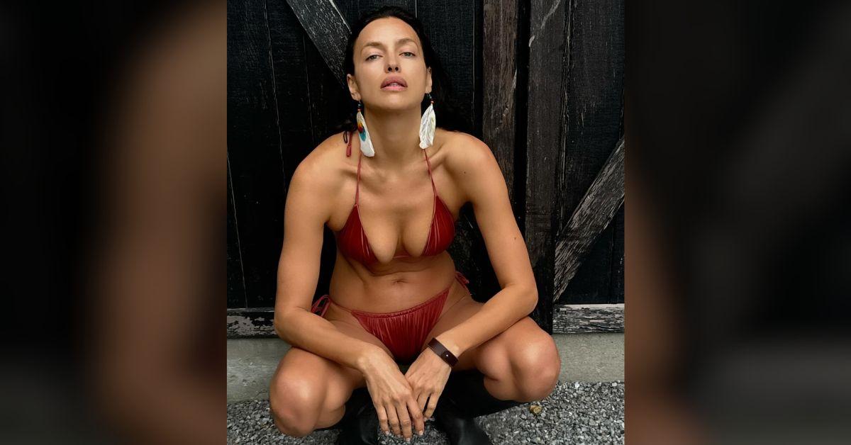 irina shayk spills out tiny red bikini top photos