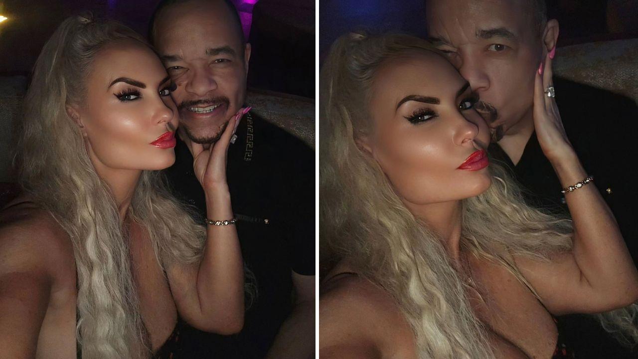 image of Coco Austin wore a floral-print black dress with her signature blonde hair and bright red lipstick.