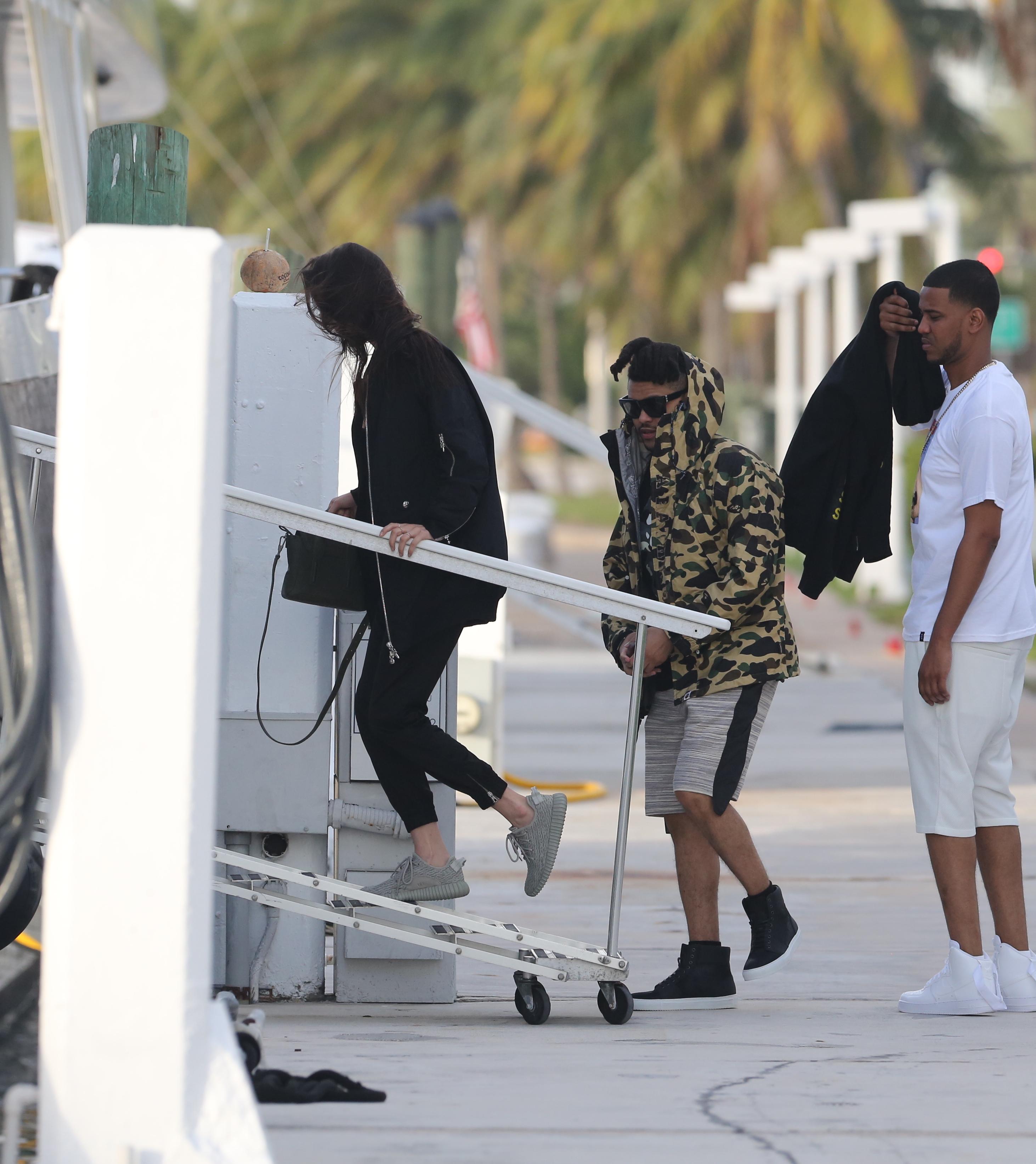 Bella Hadid boards a boat in Miami, FL