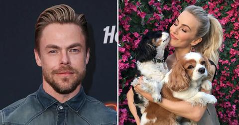 A photo of Derek Hough and a picture of Julianne Hough with her two late dogs