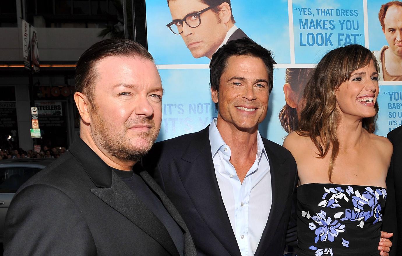 Actor/co-director/co-writer Ricky Gervais, actor Rob Lowe, and actress Jennifer Garner arrived on the red carpet at the Los Angeles premiere of "The Invention Of Lying" at the Grauman's Chinese Theatre on September 21, 2009 in Hollywood, California.