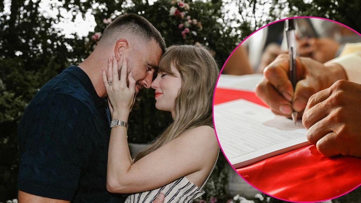 Composite photo of Taylor Swift, Travis Kelce and a person signing a document.