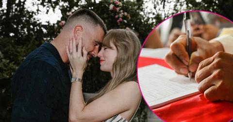 Composite photo of Taylor Swift, Travis Kelce and a person signing a document.
