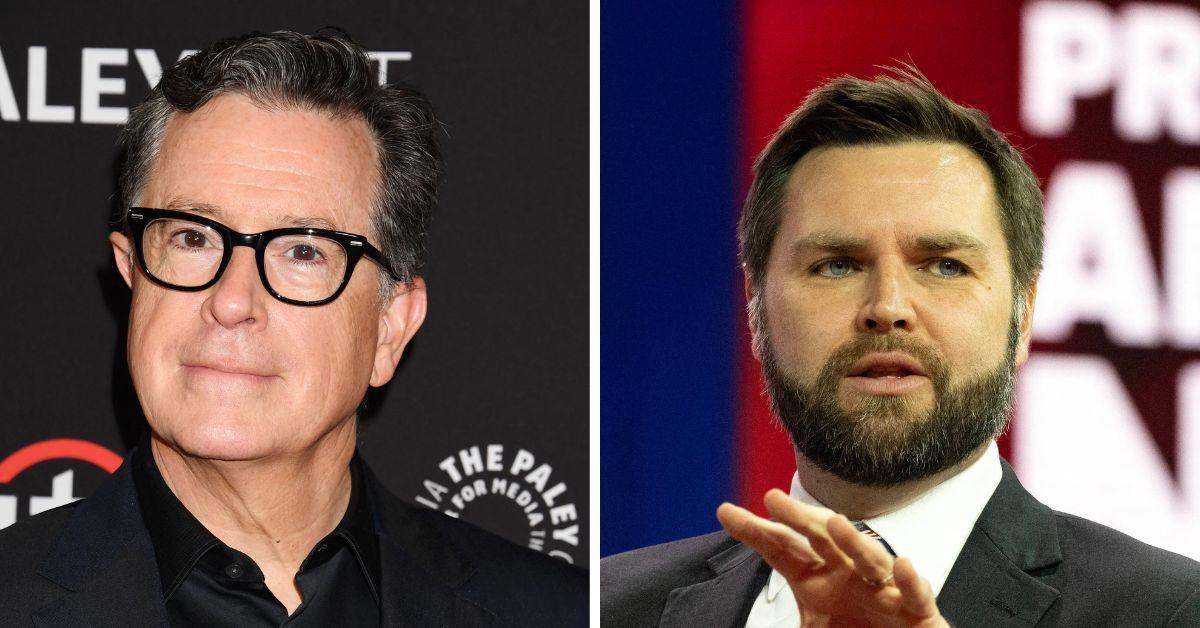 Composite photo of Stephen Colbert and J.D. Vance