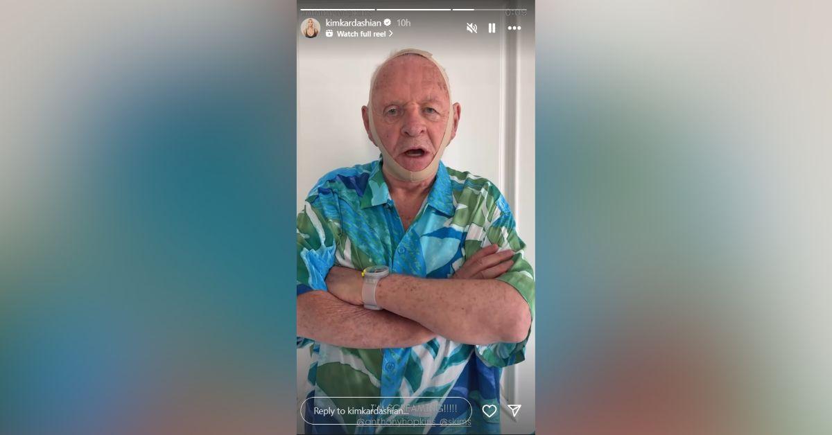 image of Anthony Hopkins joked about the SKIMS face wrap in a viral video.