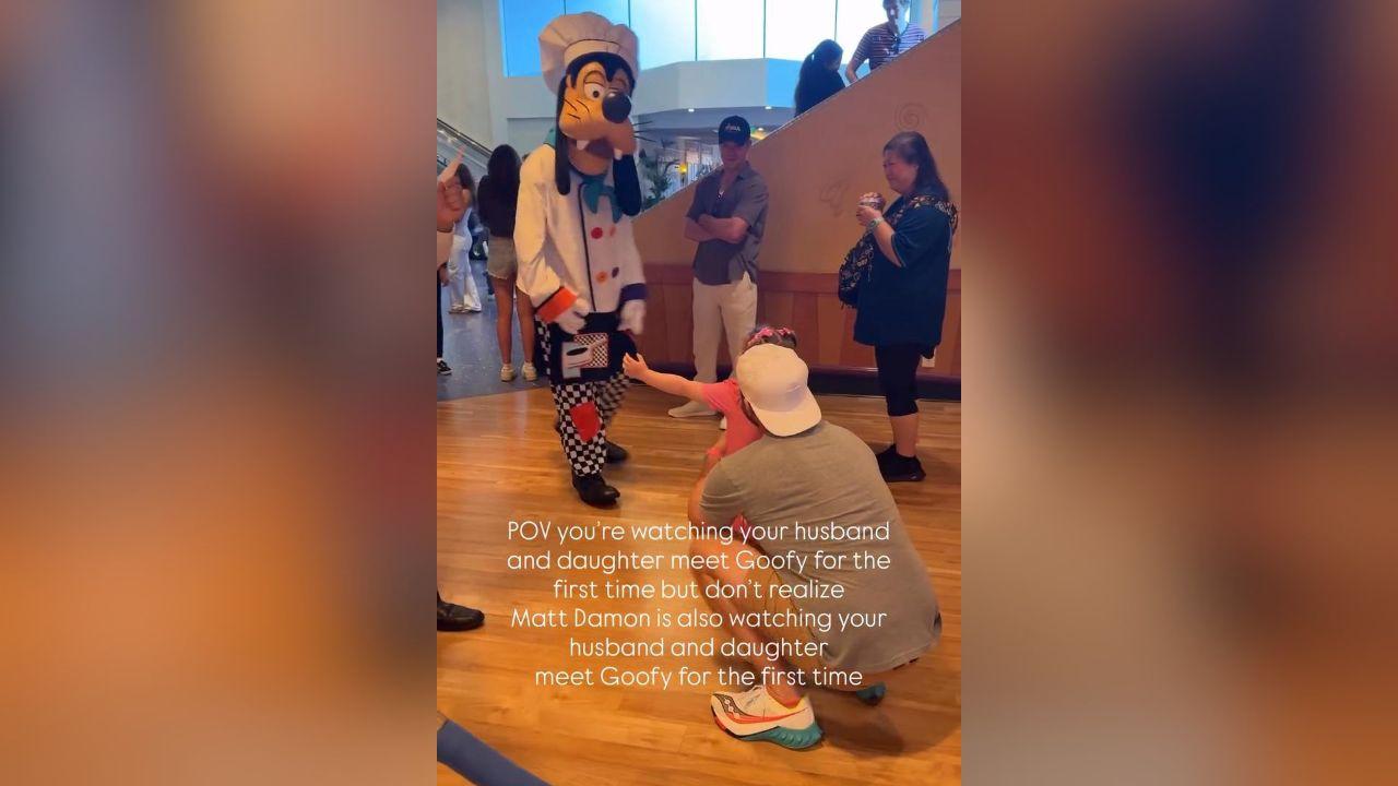 Image of Matt Damon drew attention for his sweet reaction to watching a little girl giving Goofy a hug at Disneyland.