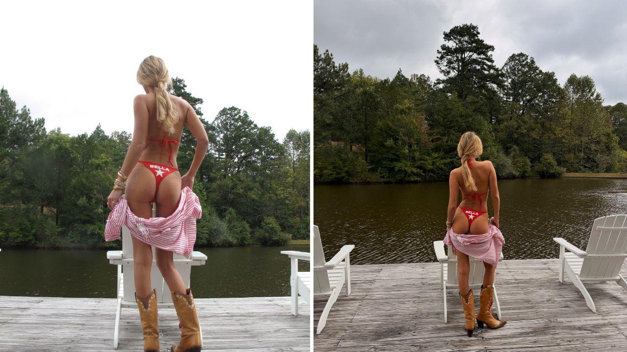 image of The supermodel showed off a custom red string bikini featuring a white ‘30’ on the top and her name printed across the bottoms.