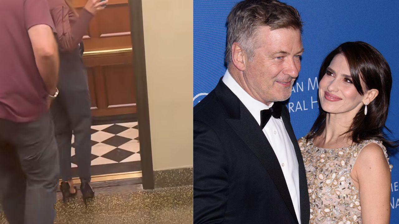 Image of Alec and Hilaria entering a lift; image of Alec and Hilaria at a past event. 