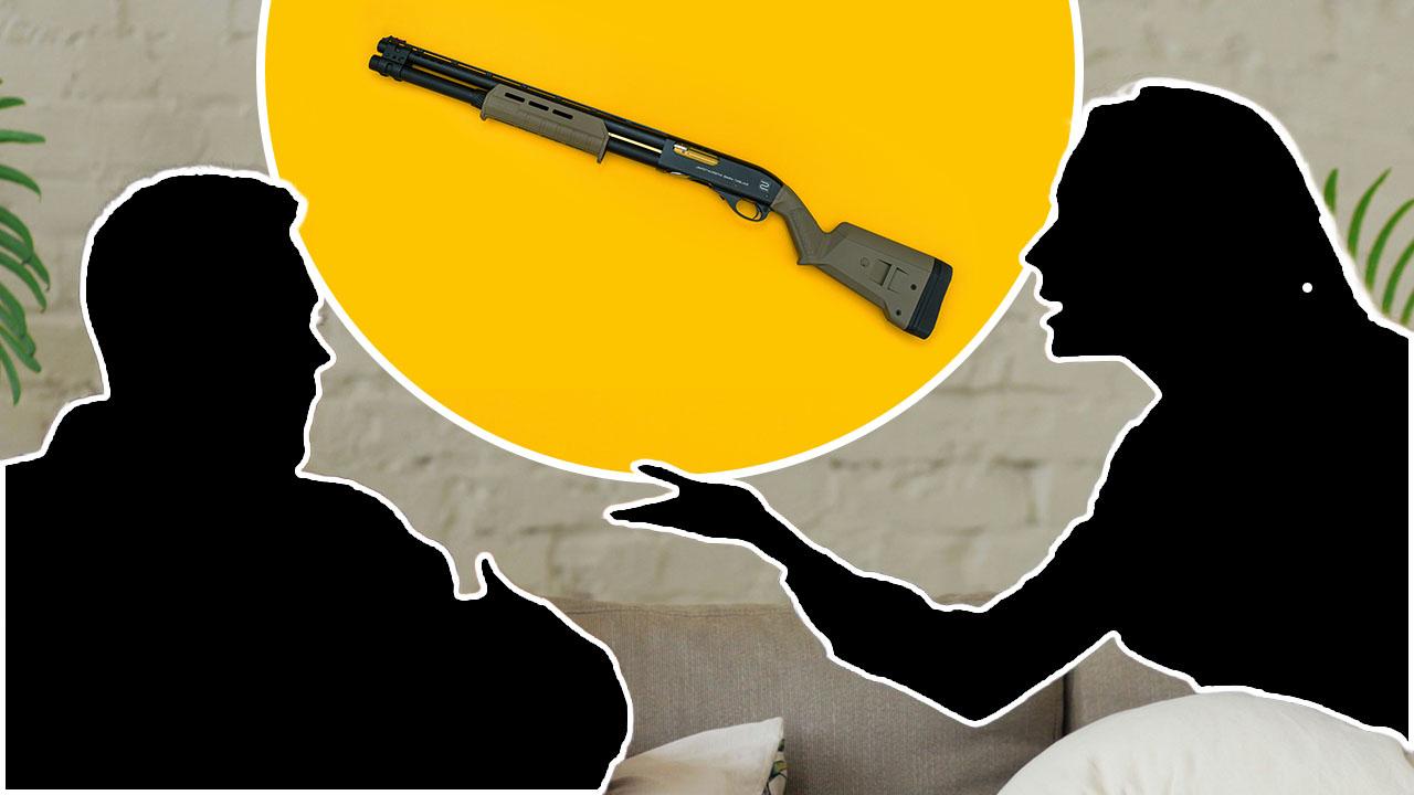 Composite photo of couple and gun.