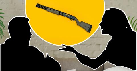 Composite photo of couple and gun.