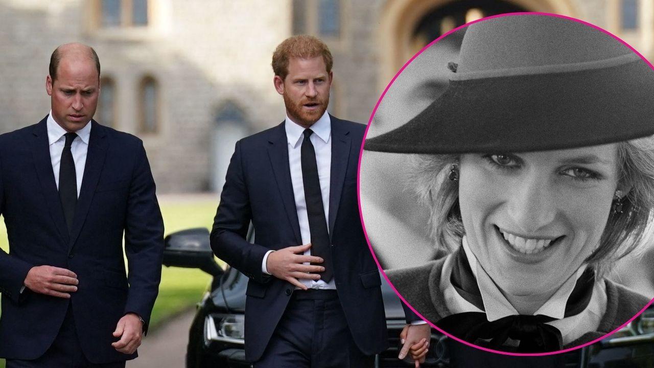 Split photo of Princes Harry and William and Princess Diana.