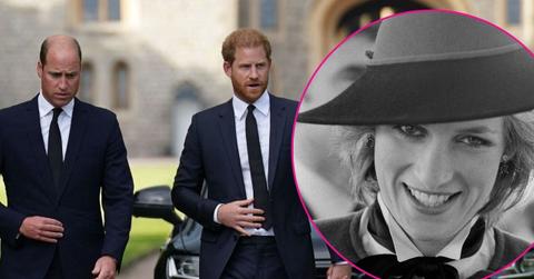 Split photo of Princes Harry and William and Princess Diana.