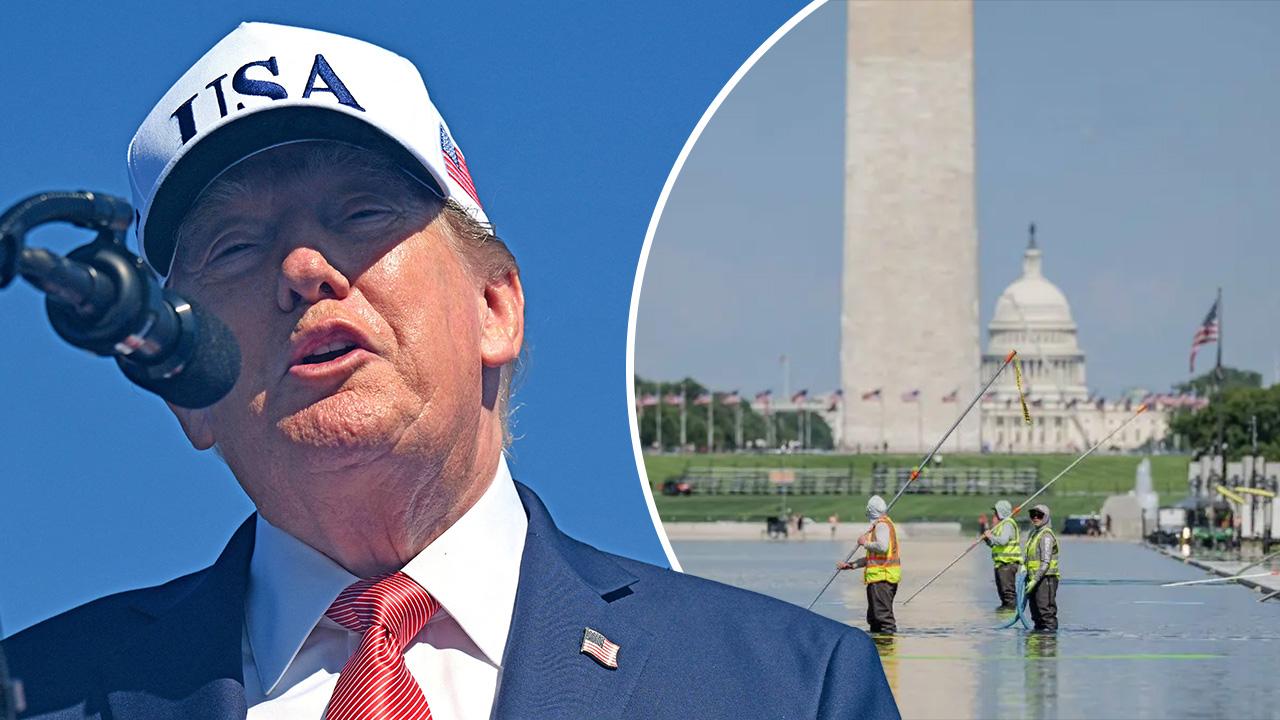 Composite photo of Donald Trump and Lincoln Memorial Reflecting Pool.