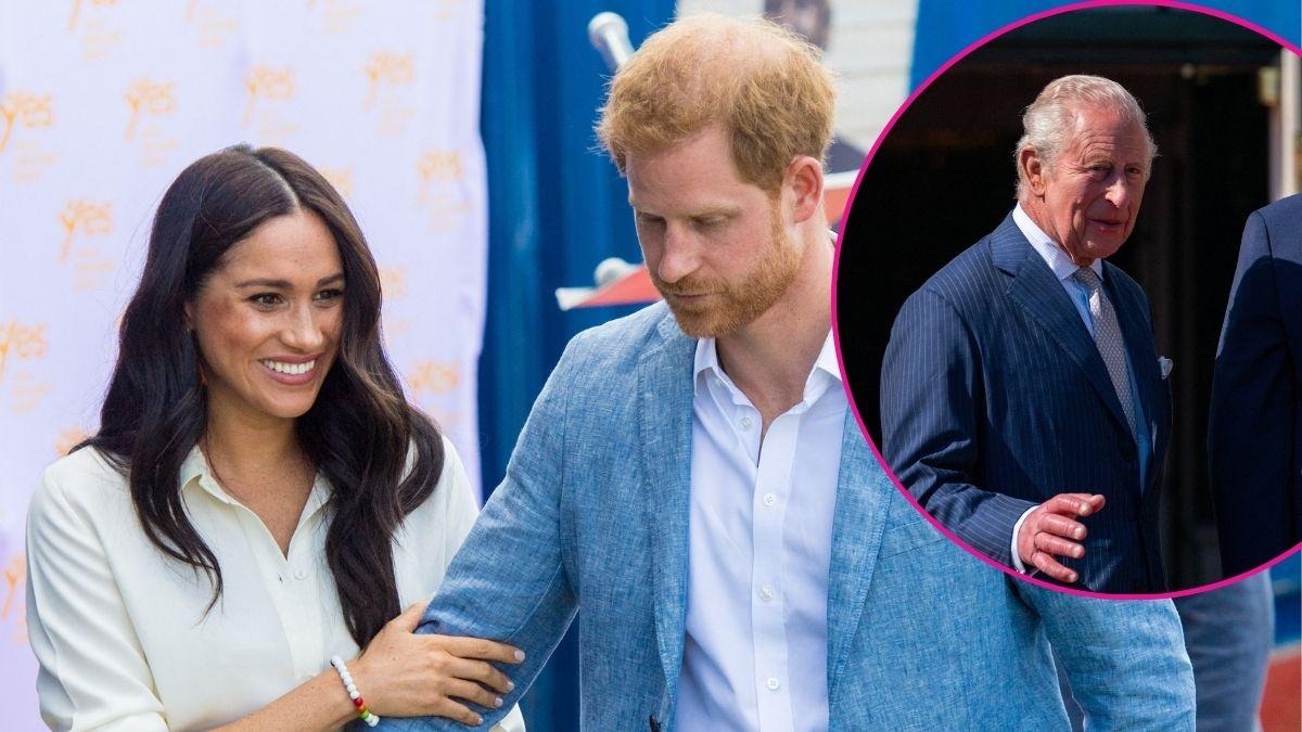 image of harry, meghan and inset of king 