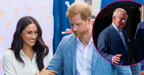 image of harry, meghan and inset of king