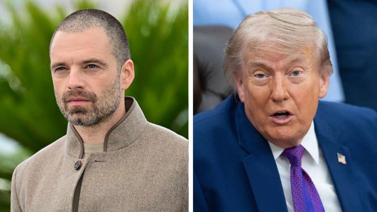 Split photo of Sebastian Stan and Donald Trump