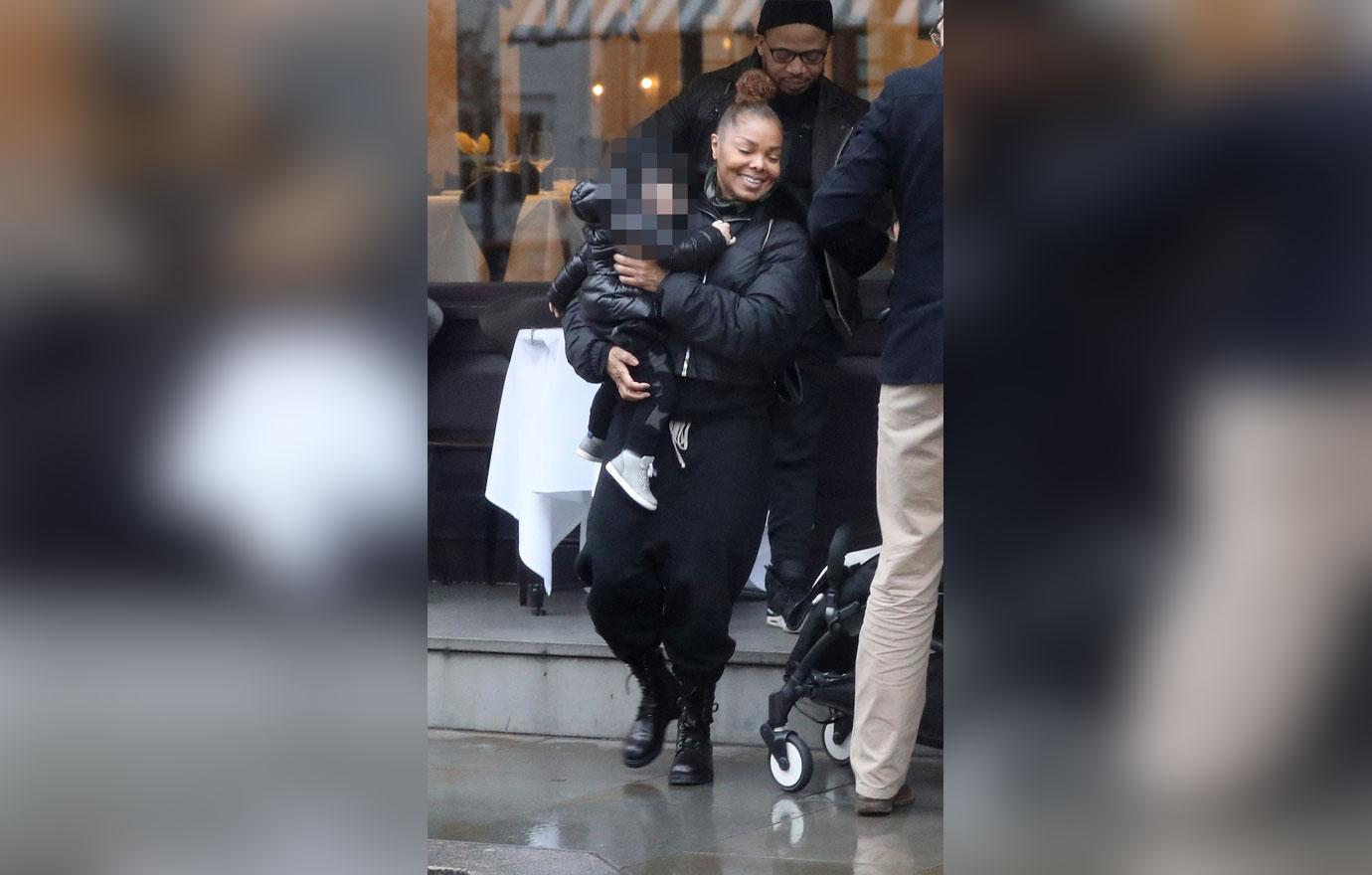 *PREMIUM EXCLUSIVE* Janet Jackson pictured strolling through London with baby Eissa. The popstar braved the London rain to join friends for lunch in SW London.