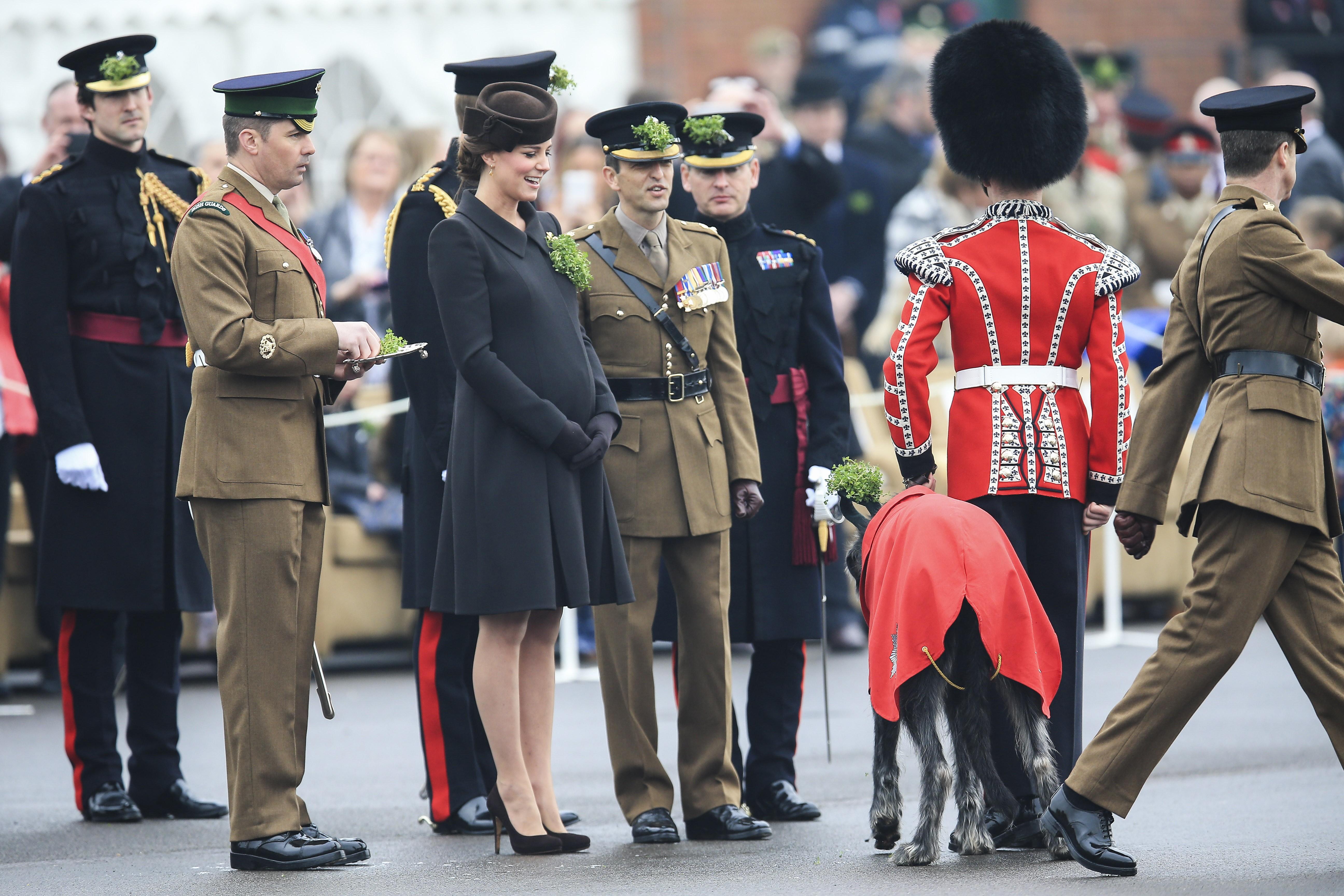 The Duke and Duchess of Cambridge, Prince William and Kate Middleton visit the 1st Battalion Irish Guards at Mons Barracks in Aldershot on St Patricks Day