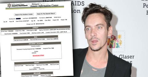Inset Of Booking and Bail for DUI Jonathan Rhys Meyers, photo of Jonathan Rhys Meyers