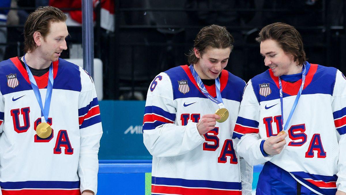 image of Team USA celebrated its first men’s hockey gold medal since 1980.