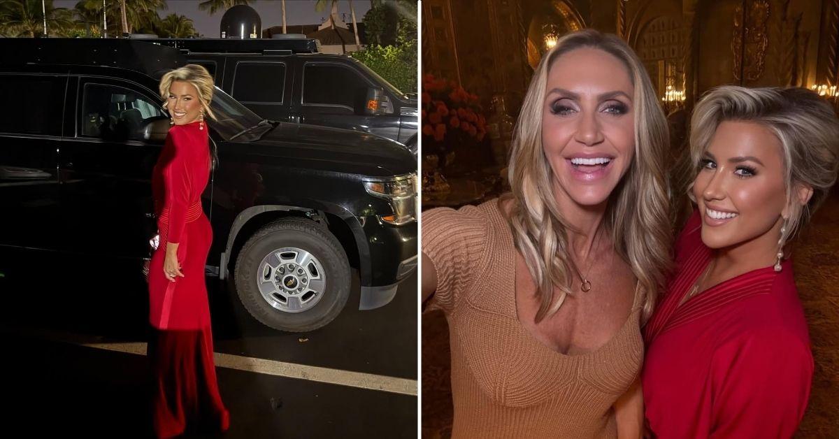 Photo of Savannah Chrisley posed in a body-hugging red maxi gown while visiting Mar-a-Lago in Florida.