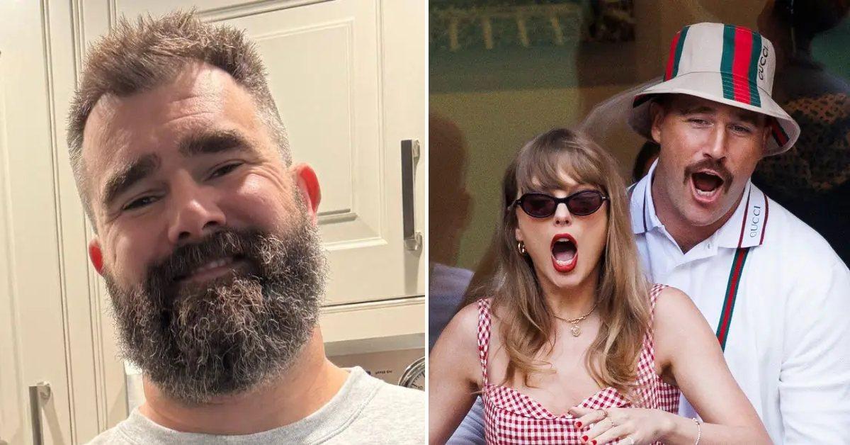 Photo of Jason Kelce and a picture of Travis Kelce with Taylor Swift.