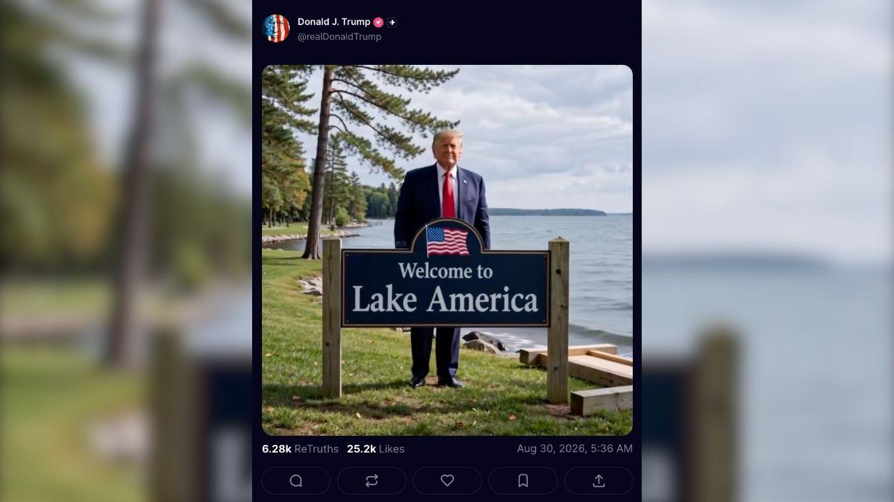 Image of Donald Trump shared an AI-generated video showing himself replacing a Lake Ontario sign.