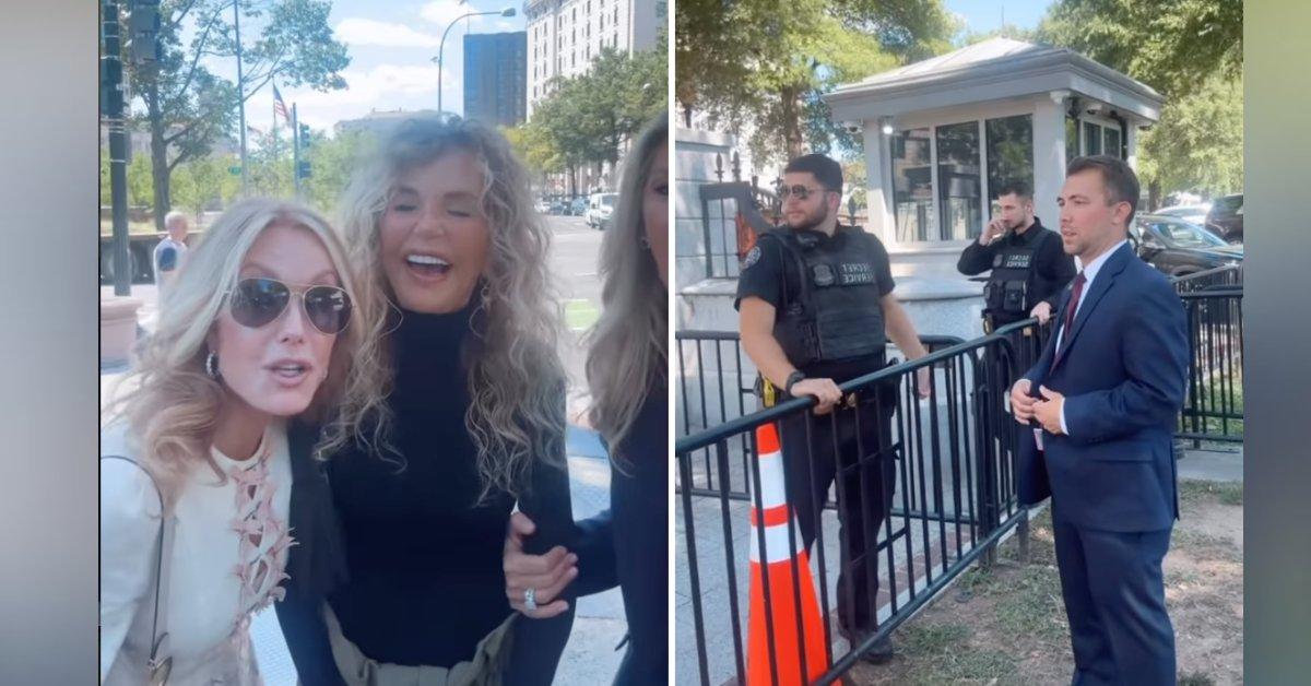 Photo of Dyan Cannon doubled over in laughter after being denied from a White House tour.