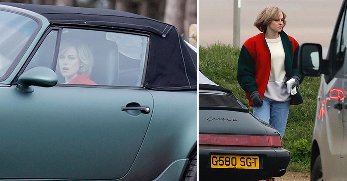 kristen stewart in character as princess diana on the set of new film