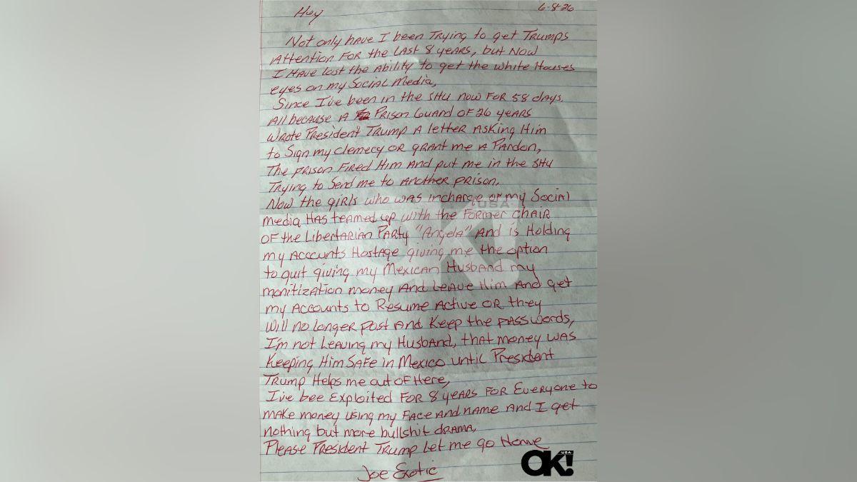 Image of Joe Exotic's claimed in his letter he does not have access to his social media accounts.