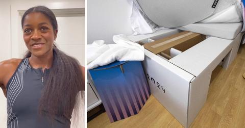 A photo of Kendall Ellis and a picture of the beds in Olympic Village.