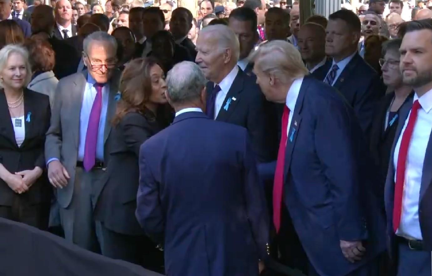 donald trump congratulates shakes hands kamala harris  debate watch