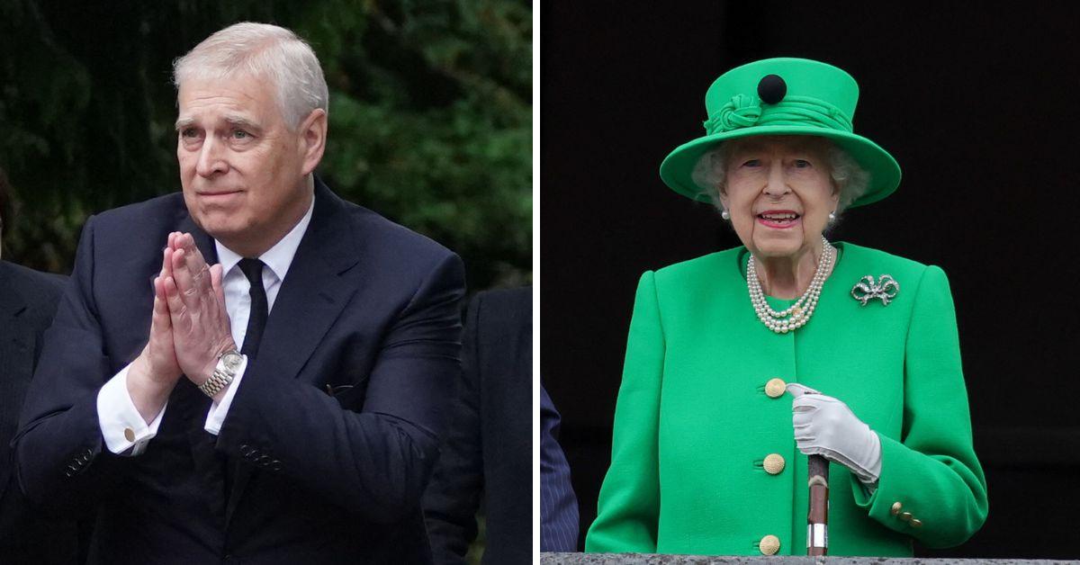 split photo of prince andrew and queen elizabeth