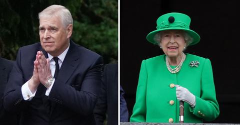 split photo of prince andrew and queen elizabeth
