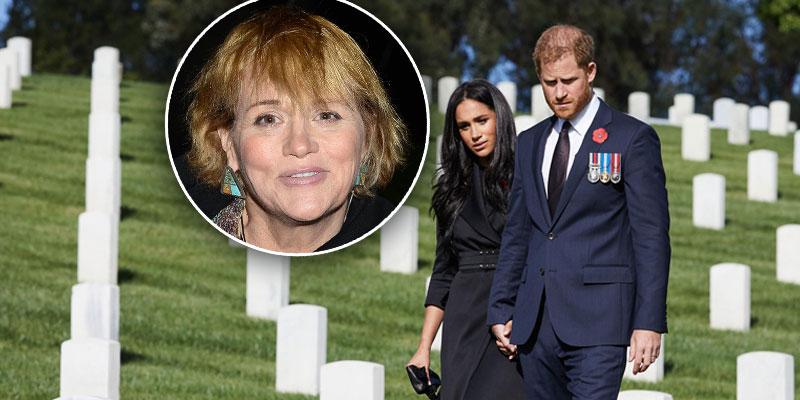 Inset of Smantha Markle, Meghan Markle and Prince Harry on Remembrance Day at LA Cemetary