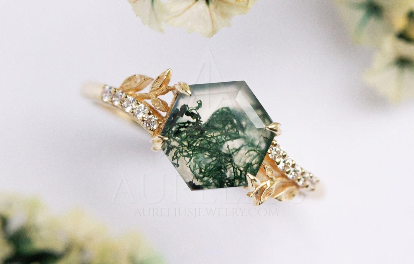 Floral Marquise Moss Agate Engagement Ring - Aurelius Jewelry