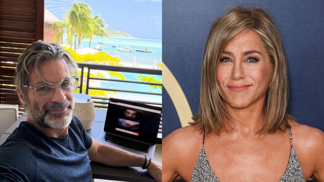 Split image of Jim Curtis  and Jennifer Aniston. 