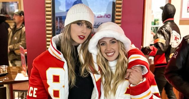 taylor swift brittany mahomes twinning matching cheifs jackets photos